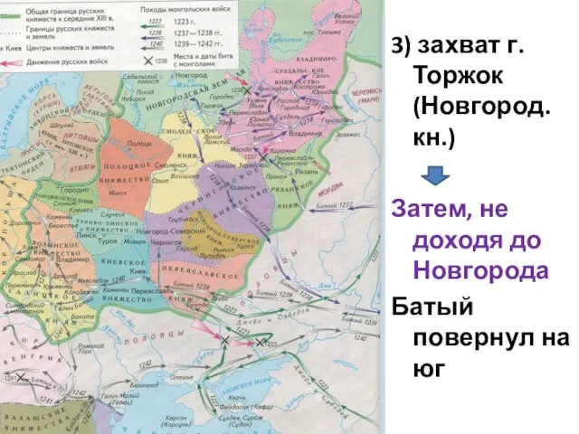 3) захват г. Торжок (Новгород. кн.) Затем, не доходя до Новгорода Батый повернул на юг