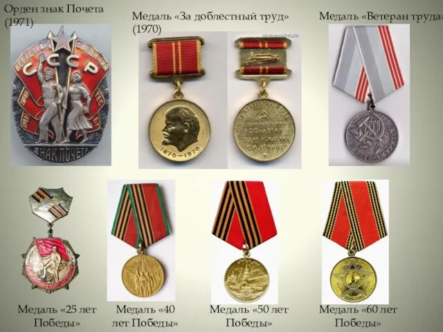 Орден знак Почета (1971) Медаль «За доблестный труд» (1970) Медаль «Ветеран труда»