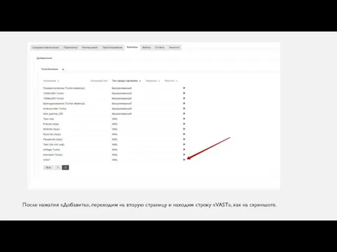 После нажатия «Добавить», переходим на вторую страницу и находим строку «VAST», как на скриншоте.