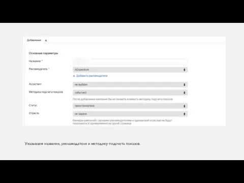 Указываем название, рекламодателя и методику подсчета показов.