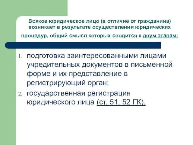 Всякое юридическое лицо (в отличие от гражданина) возникает в результате осуществления юридических