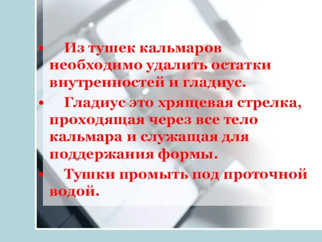 Из тушек кальмаров необходимо удалить остатки внутренностей и гладиус. Гладиус это хрящевая