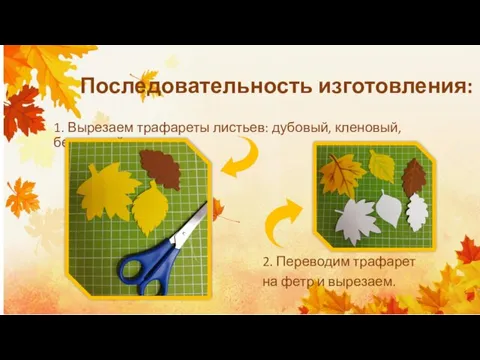 Последовательность изготовления: 1. Вырезаем трафареты листьев: дубовый, кленовый, березовый 2. Переводим трафарет на фетр и вырезаем.