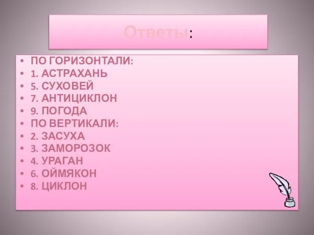 Ответы: ПО ГОРИЗОНТАЛИ: 1. АСТРАХАНЬ 5. СУХОВЕЙ 7. АНТИЦИКЛОН 9. ПОГОДА ПО