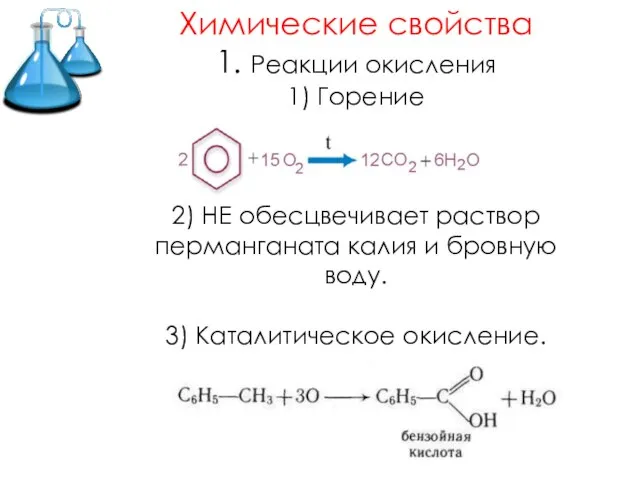 Химические свойства 1. Реакции окисления 1) Горение 2) НЕ обесцвечивает раствор перманганата