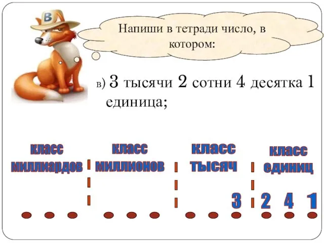 Напиши в тетради число, в котором: в) 3 тысячи 2 сотни 4