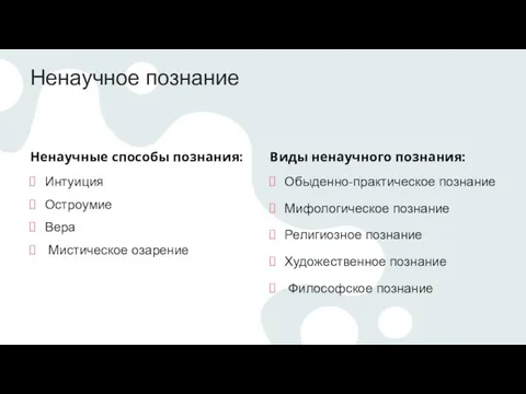 Ненаучное познание Ненаучные способы познания: Интуиция Остроумие Вера Мистическое озарение Виды ненаучного