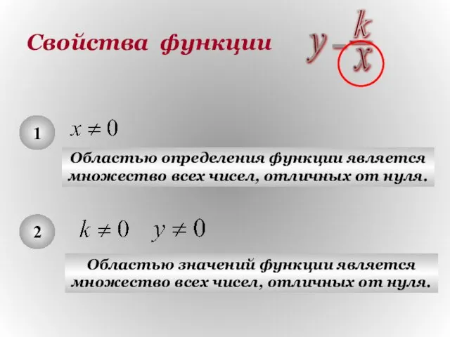 Свойства функции 1 Областью определения функции является множество всех чисел, отличных от