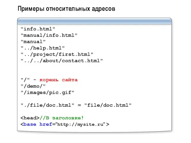 Примеры относительных адресов "info.html" "manual/info.html" "manual" "../help.html" "../project/first.html" "../../about/contact.html" "/" - корень