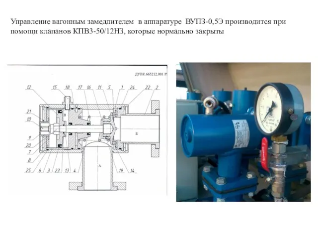 Управление вагонным замедлителем в аппаратуре ВУПЗ-0,5Э производится при помощи клапанов КПВ3-50/12НЗ, которые нормально закрыты