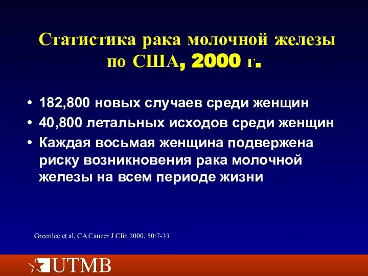 Статистика рака молочной железы по США, 2000 г. 182,800 новых случаев среди