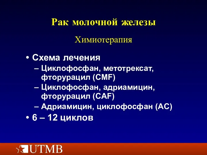 Рак молочной железы Схема лечения Циклофосфан, метотрексат, фторурацил (CMF) Циклофосфан, адриамицин, фторурацил