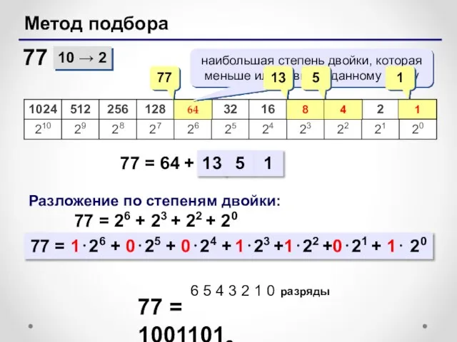 Метод подбора 10 → 2 77 = 64 + 77 77 64