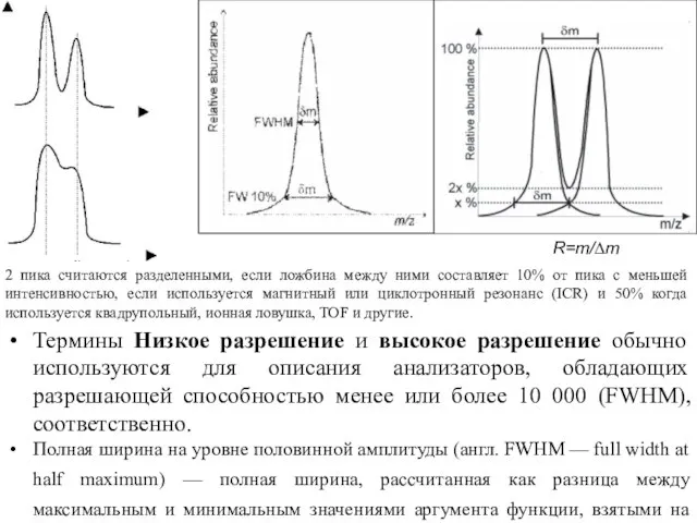 2 пика считаются разделенными, если ложбина между ними составляет 10% от пика