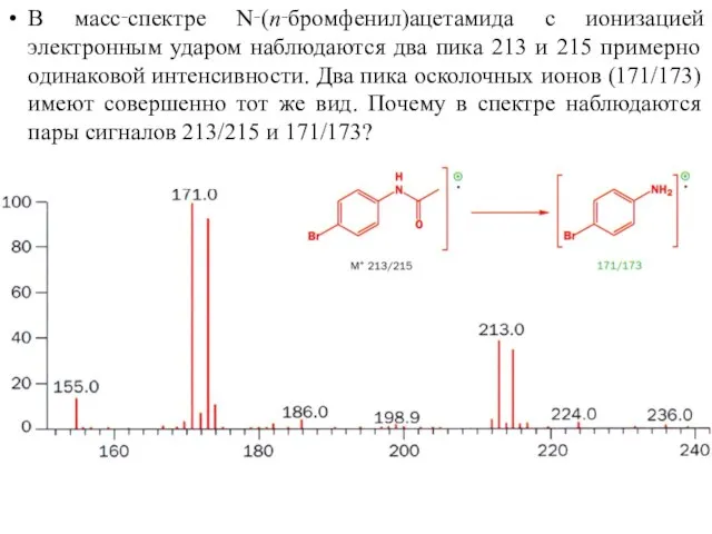 В масс‑спектре N‑(п‑бромфенил)ацетамида с ионизацией электронным ударом наблюдаются два пика 213 и