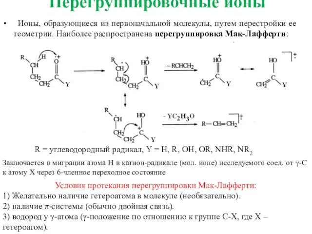 Перегруппировочные ионы Ионы, образующиеся из первоначальной молекулы, путем перестройки ее геометрии. Наиболее