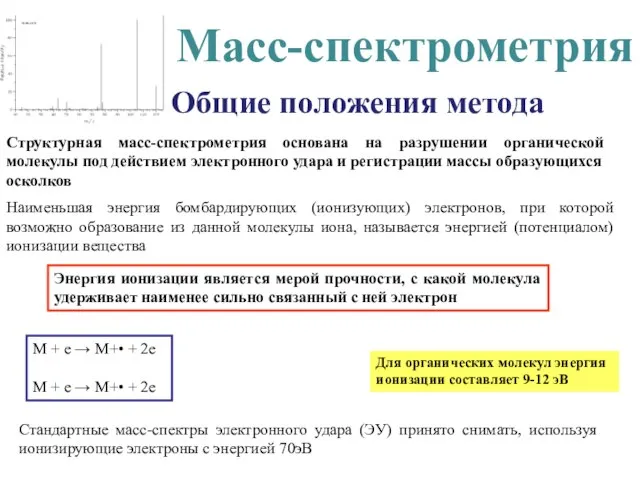 Масс-спектрометрия Общие положения метода Структурная масс-спектрометрия основана на разрушении органической молекулы под