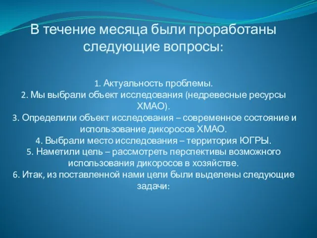 В течение месяца были проработаны следующие вопросы: 1. Актуальность проблемы. 2. Мы