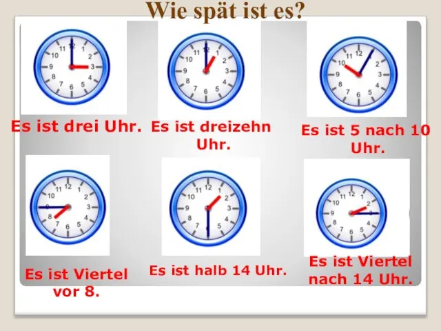 Es ist drei Uhr. Es ist dreizehn Uhr. Es ist 5 nach