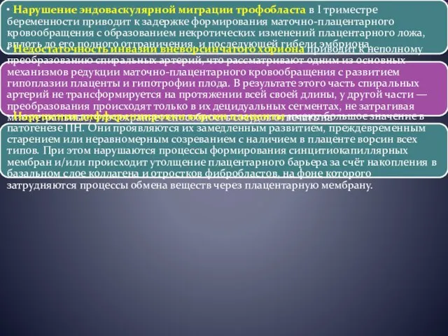 • Нарушение эндоваскулярной миграции трофобласта в I триместре беременности приводит к задержке