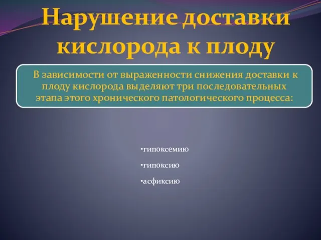 гипоксемию гипоксию асфиксию Нарушение доставки кислорода к плоду