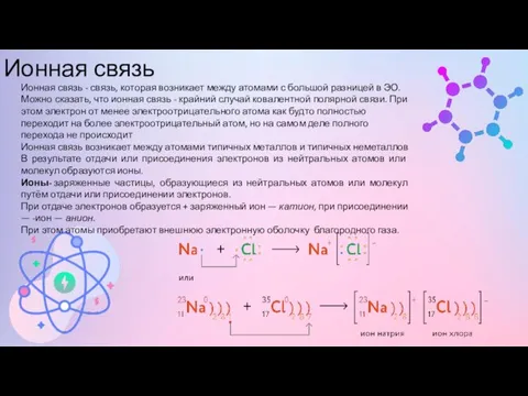 Ионная связь Ионная связь - связь, которая возникает между атомами с большой
