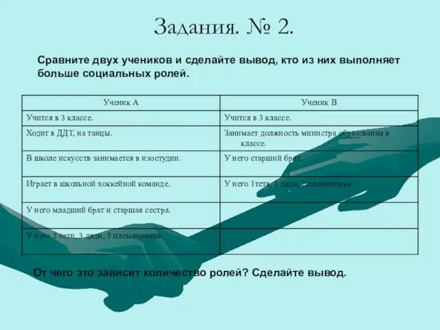 Задания. № 2. Сравните двух учеников и сделайте вывод, кто из них