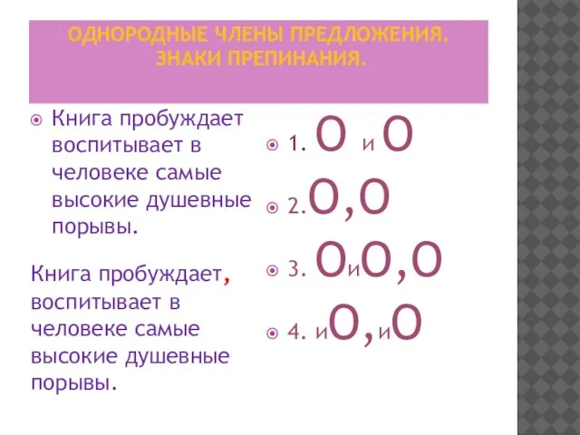 ОДНОРОДНЫЕ ЧЛЕНЫ ПРЕДЛОЖЕНИЯ. ЗНАКИ ПРЕПИНАНИЯ. Книга пробуждает воспитывает в человеке самые высокие