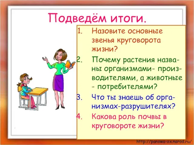 Подведём итоги. Назовите основные звенья круговорота жизни? Почему растения назва-ны организмами- произ-водителями,