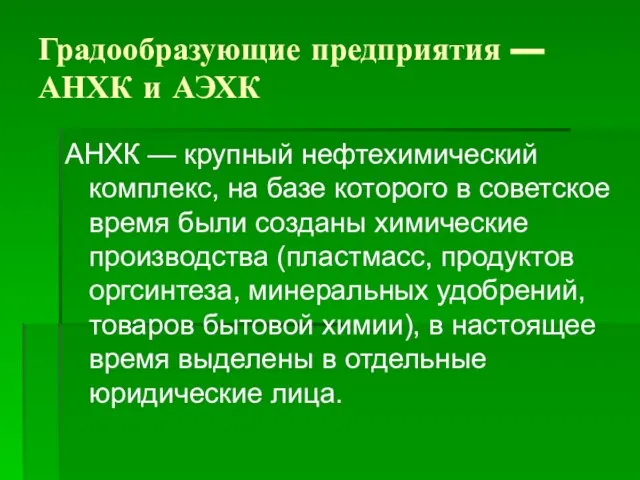 Градообразующие предприятия — АНХК и АЭХК АНХК — крупный нефтехимический комплекс, на