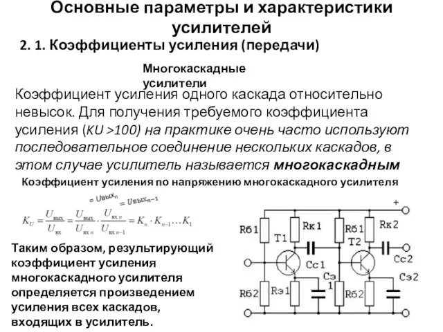 Основные параметры и характеристики усилителей 2. 1. Коэффициенты усиления (передачи) Многокаскадные усилители