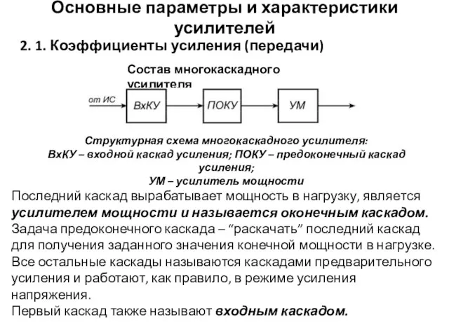 Основные параметры и характеристики усилителей 2. 1. Коэффициенты усиления (передачи) Состав многокаскадного