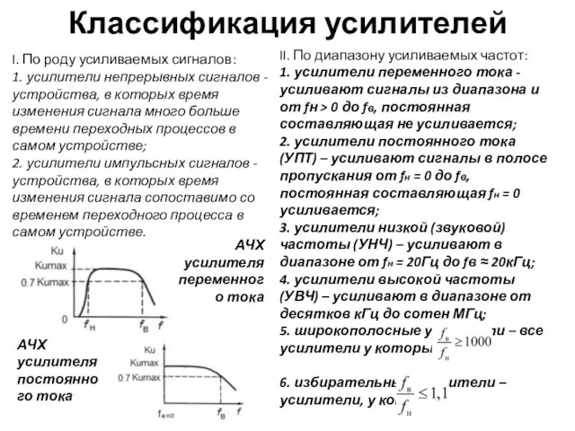 Классификация усилителей I. По роду усиливаемых сигналов: 1. усилители непрерывных сигналов -