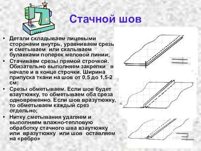 Стачной шов Детали складываем лицевыми сторонами внутрь, уравниваем срезы и сметываем или