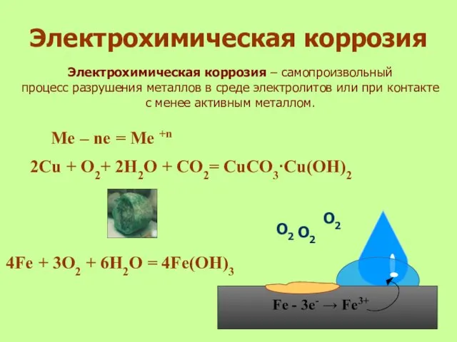 Электрохимическая коррозия Электрохимическая коррозия – самопроизвольный процесс разрушения металлов в среде электролитов