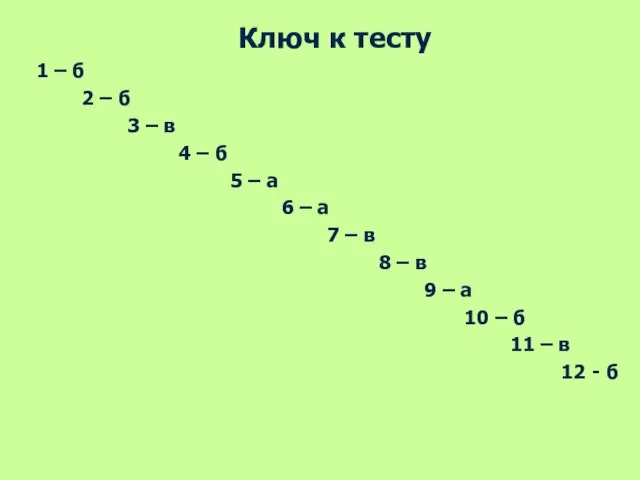 Ключ к тесту 1 – б 2 – б 3 – в