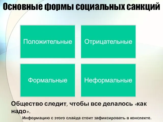 Основные формы социальных санкций Информацию с этого слайда стоит зафиксировать в конспекте.