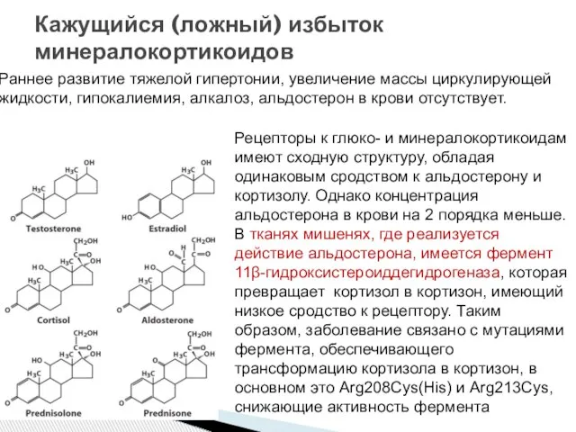 Кажущийся (ложный) избыток минералокортикоидов Раннее развитие тяжелой гипертонии, увеличение массы циркулирующей жидкости,