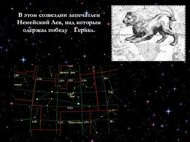 В этом созвездии запечатлен Немейский Лев, над которым одержал победу Геракл.