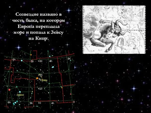 Созвездие названо в честь быка, на котором Европа переплыла море и попала к Зевсу на Кипр.
