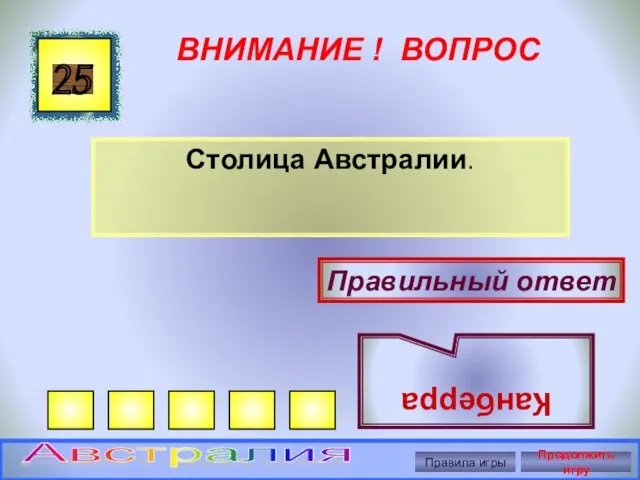 ВНИМАНИЕ ! ВОПРОС Столица Австралии. 25 Правильный ответ Канберра Правила игры Продолжить игру Австралия