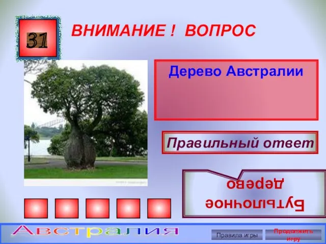 ВНИМАНИЕ ! ВОПРОС Дерево Австралии 31 Правильный ответ Бутылочное дерево Правила игры Продолжить игру Австралия