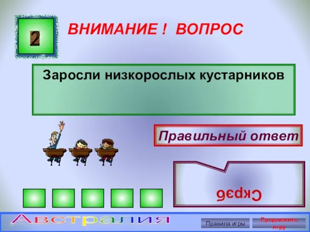 ВНИМАНИЕ ! ВОПРОС Заросли низкорослых кустарников 2 Правильный ответ Скрэб Правила игры Продолжить игру Австралия