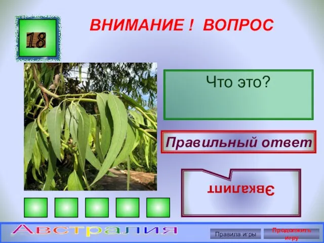 ВНИМАНИЕ ! ВОПРОС Что это? 18 Правильный ответ Эвкалипт Правила игры Продолжить игру Австралия