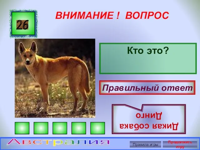 ВНИМАНИЕ ! ВОПРОС Кто это? 26 Правильный ответ Дикая собака Динго Правила игры Продолжить игру Австралия