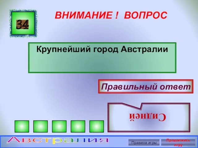 ВНИМАНИЕ ! ВОПРОС Крупнейший город Австралии 34 Правильный ответ Сидней Правила игры Продолжить игру Австралия