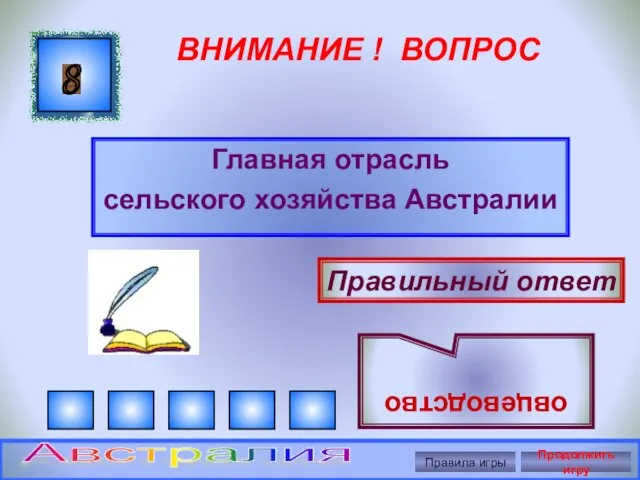 ВНИМАНИЕ ! ВОПРОС Главная отрасль сельского хозяйства Австралии 8 Правильный ответ овцеводство