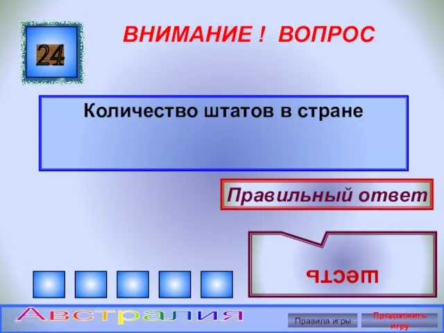 ВНИМАНИЕ ! ВОПРОС Количество штатов в стране 24 Правильный ответ шесть Правила игры Продолжить игру Австралия