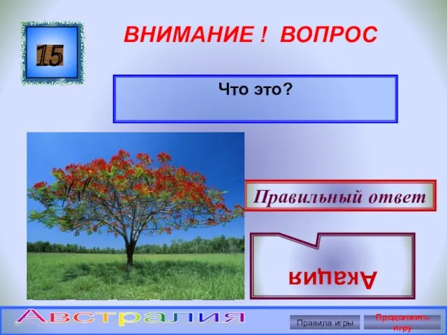 ВНИМАНИЕ ! ВОПРОС 15 Правильный ответ Акация Правила игры Продолжить игру Австралия Что это?