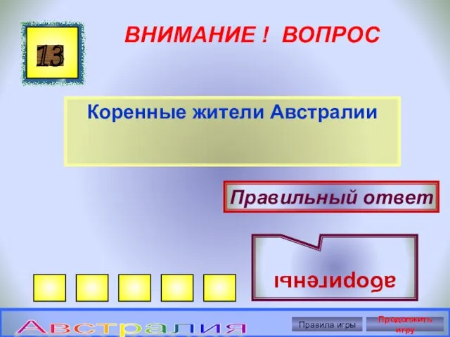 ВНИМАНИЕ ! ВОПРОС Коренные жители Австралии 13 Правильный ответ аборигены Правила игры Продолжить игру Австралия